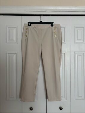 Women’s Tailored Cream Ankle Pants with Gold Button Detail